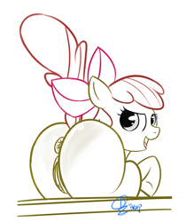 Size: 1834x2182 | Tagged: explicit, artist:skoop, apple bloom, anus, bloom butt, butt, earth pony, female, filly, foal, foalcon, g4, imported from derpibooru, looking back, nudity, plot, pony, signature, solo, solo female, vulva