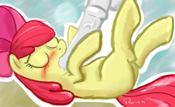 Size: 2400x1472 | Tagged: explicit, artist:docente, apple bloom, blowjob, blushing, female, foalcon, g4, imported from derpibooru, male, on back, oral, straight