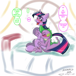 Size: 2500x2500 | Tagged: explicit, artist:amoniaco, spike, twilight sparkle, age difference, bed, blushing, crying, dialogue, dragon, dragon on pony action, drool, duo, duo male and female, eyes closed, female, fluffy, foalcon, from behind, g4, happy sex, high res, imported from derpibooru, interspecies, male, open mouth, panting, pony, pseudoincest, sex, ship:twispike, shipping, shivering, sitting, smiling, straight, tongue out, twilight is a foal fiddler, unicorn, unicorn twilight, vaginal secretions, wingless spike