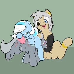 Size: 1250x1250 | Tagged: explicit, artist:shenhibiki, silver spoon, oc, oc:dazzle, oc:shenhibiki, anal insertion, balls, bedroom eyes, bisexual, blushing, canon x oc, dildo, drool, female, foalcon, freckles, g4, heterochromia, imported from derpibooru, insertion, lesbian, licking, licking cock, male, nudity, open mouth, oral, penis, precum, raised leg, sex, sex toy, shivering, sitting, smiling, spreading, straight, tongue out, underhoof, vaginal secretions, vulva