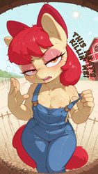 Size: 2304x4096 | Tagged: questionable, apple bloom, ai content, ai generated, anthro, barn, breasts, clothes, dialogue, earth pony, fanning, farm, female, flustered, g4, heat, heavy breathing, imported from twibooru, lolicon, older, older apple bloom, orange eyes, overalls, prompter:tricksterfox, pulling overalls, red hair, red mane, small breasts, solo, solo female, summer, sun, sunlight, sweat, text, thighs, thunder thighs, underage