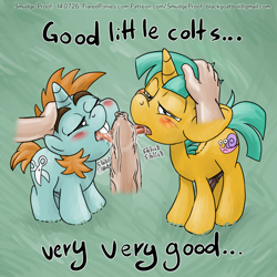 Size: 1000x1000 | Tagged: explicit, artist:smudge proof, bedroom eyes, blowjob, blushing, cock worship, colt, drool, foal, foalcon, foreskin, foreskin play, g4, gay, grass, human, human male, human male on colt, human on pony action, human penis, imported from derpibooru, interspecies, licking, looking at you, male, male pov, nudity, offscreen character, open mouth, oral, penis, petting, pony, pov, snails, snips, tongue out, vein, veiny cock