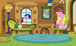 Size: 1475x900 | Tagged: questionable, fluttershy, rarity, spike, age difference, angel bunny, animal, dragon, female, fluttershy's cottage, foalcon, g4, group, horn, implied foalcon, imported from derpibooru, jealous, jealous rarity, love, love triangle, male, pegasus, pony, quartet, rabbit, rarity is not amused, ship:flutterspike, shipping, show accurate, spread legs, straight, strategically covered, unamused, unicorn, wingless spike