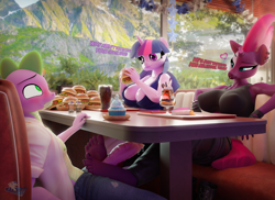 Size: 3840x2800 | Tagged: explicit, artist:hooves-art, spike, tempest shadow, twilight sparkle, 3d, 4k, age difference, alicorn, anthro, anthro on dragon action, banned from derpibooru, bare shoulders, barefoot, belly, big penis, blender, bracelet, breasts, burger, busty tempest shadow, busty twilight sparkle, cleavage, clothes, commission, couch, cupcake, dragon, dragon dick, dragon on anthro action, drink, dripping precum, erection, fast food, feet, female, fetish, fingerless gloves, floating heart, food, foot fetish, footjob, full mouth, g4, gloves, heart, high res, horn, ice cream, imminent cumshot, imported from twibooru, indoors, interspecies, lidded eyes, lip bite, looking at someone, looking pleasured, male, mountain, nervous, nervous sweat, nipples, nudity, older, older spike, pants, partial nudity, penis, plant, plantigrade anthro, pleasure, precum, restaurant, ripped pants, ship:spikeshadow, shipping, shirt, short sleeves, shotacon, sitting, smiling, smiling at someone, soda, soles, spiked wristband, spikeshadow, spread legs, spreading, straight, straight shota, sweat, table, tail, tail aside, tanktop, teenage spike, teenaged dragon, teenager, that pony sure does love burgers, thrill of almost being caught, toenails, torn clothes, trio, under the table, underage, unicorn, vein, veiny cock, window, wingless, wingless alicorn, wingless anthro, wingless spike, wristband