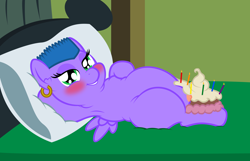 Size: 4632x2992 | Tagged: questionable, artist:badumsquish, oc, oc:fat shamed, armpits, bedroom eyes, blushing, cake, candle, chubby, crotchboobs, derpibooru exclusive, draw me like one of your french girls, earring, fat, female, filly, foal, foalcon, foodplay, fury belle, g4, imported from derpibooru, looking at you, nipples, nudity, oc only, on back, smiling, solo, solo female, sultry pose