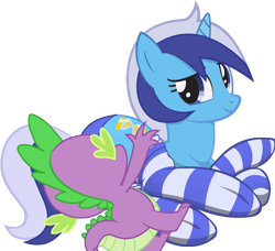 Size: 1250x1139 | Tagged: explicit, spike, artist needed, clothes, dragon, edit, female, foalcon, g4, imported from derpibooru, male, minuette, oral, pony, shipping, simple background, socks, straight, striped socks, transparent background, unicorn, vector