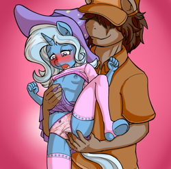 Size: 1604x1583 | Tagged: explicit, grimdark, artist:anibaruthecat, oc, age difference, anthro, blushing, breasts, clothes, delicious flat chest, duo, duo male and female, earth pony, edit, erect nipples, female, fingering, grope, horn, imported from twibooru, lidded eyes, lolicon, male, nipples, nudity, panties, pink panties, pink stockings, raised leg, rape, sex, size difference, skirt, skirt lift, spread legs, spreading, stockings, straight, thigh highs, touching panties, trixie, underage, underwear, unicorn, vaginal secretions, young