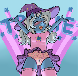 Size: 1615x1578 | Tagged: questionable, artist:anibaruthecat, anthro, blushing, cameltoe, clothes, edit, female, horn, imported from twibooru, lolicon, panties, skirt, solo, solo female, stockings, thigh highs, trixie, underage, underwear, unicorn, upskirt