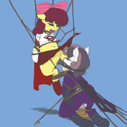 Size: 1470x1470 | Tagged: explicit, artist:kevinsano edits, artist:teraspell, apple bloom, sweetie belle, bondage, bow, butt, clothes, derpibooru exclusive, dildo, dildo sitting, earth pony, edit, eyes closed, female, filly, foal, foalcon, g4, gag, hair bow, imported from derpibooru, insertion, lesbian, nudity, pecker gag, plot, pony, sex toy, simple background, superfilly, sweetie do well, tongue out, unicorn, vaginal insertion, vaginal secretions, vulva