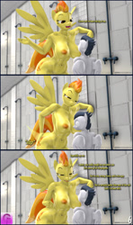 Size: 850x1434 | Tagged: questionable, artist:gorilka, 3d, 3d model, age difference, anthro, banned from derpibooru, belly, belly button, big breasts, breasts, busty spitfire, comic, dialogue, erect nipples, eye contact, female, g4, imminent sex, imported from twibooru, looking at each other, looking at someone, male, nipples, nudity, pegasus, rumble, rumblefire, seductive, self spanking, shipping, shotacon, shower room, size difference, slap, source filmmaker, spanking, spitfire, straight, straight shota, underage, wide hips
