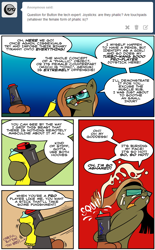 Size: 1024x1654 | Tagged: explicit, artist:catfood-mcfly, button mash, ask, comic, controller, dildo, foalcon, fury belle, g4, glasses, imported from derpibooru, joystick, lube, nudity, penis, sex toy, speech bubble, transgender, transphobia, tumblr