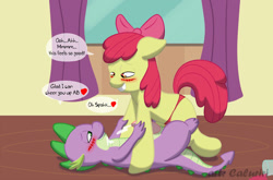 Size: 1200x791 | Tagged: explicit, artist:caluriri, apple bloom, spike, anal insertion, anal orgasm, cum, dialogue, dragon, earth pony, female, female on male, filly, foal, foalcon, g4, heart, imported from derpibooru, insertion, lucky bastard, male, nudity, orgasm, pegging, penis, pony, sex, sex toy, ship:spikebloom, shipping, straight, strapon
