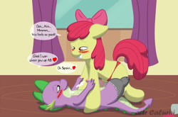 Size: 1200x791 | Tagged: explicit, artist:caluriri, apple bloom, spike, anal insertion, anal orgasm, clothes, dialogue, dragon, earth pony, female, female on male, filly, foal, foalcon, g4, heart, imported from derpibooru, insertion, legwear, male, nudity, orgasm, pegging, penis, pony, sex, sex toy, ship:spikebloom, shipping, stockings, straight, strapon, thigh highs