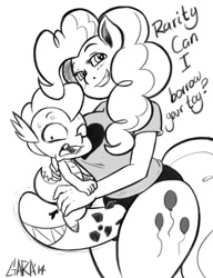 Size: 604x785 | Tagged: explicit, artist:garabatoz, pinkie pie, spike, age difference, anthro, breasts, busty pinkie pie, dragon, duo, duo male and female, earth pony, female, foalcon, g4, grin, heart, imminent rape, implied foalcon, implied pegging, imported from derpibooru, male, monochrome, scared, sex toy, ship:pinkiespike, shipping, straight, strapon, wide hips, wingless spike