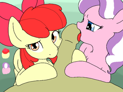 Size: 680x512 | Tagged: explicit, artist:vulapa, apple bloom, diamond tiara, blowjob, bow, double blowjob, earth pony, female, foalcon, g4, gradient background, hair bow, imported from derpibooru, male, male pov, multiple blowjob, nudity, offscreen character, oral, penis, pony, pov, straight