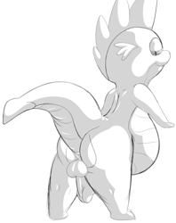 Size: 791x1000 | Tagged: explicit, artist:senbiku_mew, spike, anus, balls, bedroom eyes, belly, butt, dragon, fat, foalcon, g4, imported from derpibooru, male, monochrome, nudity, plot, solo, solo male