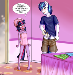 Size: 3517x3597 | Tagged: explicit, artist:anibaruthecat, shining armor, twilight sparkle, angry, anthro, bed, blushing, brother and sister, clothes, cum on panties, evil grin, female, grin, imported from twibooru, lolicon, male, nudity, open mouth, open smile, panties, pants pulled down, penis, siblings, skirt, smiling, towel, underage, underwear, unicorn, vagina