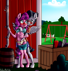 Size: 2366x2500 | Tagged: explicit, artist:anibaruthecat, anthro, barrel, belly button, blushing, breasts, clothes, delicious flat chest, female, fence, g4, hill, imported from twibooru, lily longsocks, lolicon, male, nipples, panties, panties pulled down, partial nudity, pegasus, pigtails, rumble, shotacon, sky, tree, underage, underwear