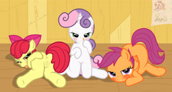 Size: 4304x2300 | Tagged: explicit, artist:pyruvate, artist:reduxdrawer8k, apple bloom, scootaloo, sweetie belle, anus, blank flank, blushing, bow, clubhouse, crusaders clubhouse, cutie mark crusaders, earth pony, edit, female, filly, foal, foalcon, g4, hair bow, imported from derpibooru, lesbian, lip bite, looking at you, masturbation, nudity, one eye closed, pegasus, pony, smiling, tongue out, unicorn, vulva