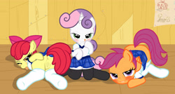 Size: 4304x2300 | Tagged: explicit, artist:pyruvate, artist:reduxdrawer8k, apple bloom, scootaloo, sweetie belle, anus, blushing, bow, clothes, clubhouse, crusaders clubhouse, cutie mark crusaders, earth pony, edit, female, filly, foal, foalcon, g4, hair bow, imported from derpibooru, legwear, lesbian, masturbation, nudity, one eye closed, pegasus, pony, school uniform, schoolgirl, socks, thigh highs, tongue out, unicorn, vulva