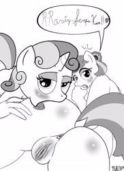 Size: 2550x3507 | Tagged: explicit, artist:zb, sweetie belle, anthro, anus, ass, butt, coco belle, coco pommel, dialogue, drool, earth pony, female, foalcon, g4, heart, high res, imported from derpibooru, lesbian, licking, monochrome, nudity, senpai, vagina