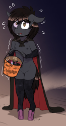 Size: 1001x1908 | Tagged: explicit, artist:replica, oc, oc:replica, anthro, anthro oc, arm warmers, breasts, candy, cape, clothes, costume, delicious flat chest, earth pony, edit, exhibitionism, fangs, female, food, halloween, halloween costume, high heels, holiday, imported from twibooru, lolicon, looking at you, nipples, nudity, scared, shivering, shoes, shy, small breasts, socks, solo, solo female, thigh highs, underage, unguligrade anthro, vulva, young