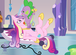 Size: 2000x1433 | Tagged: explicit, artist:blargsnarf, artist:jesterbutts, spike, adultery, age difference, alicorn, anus, balls, blowjob, crystal spa, dragon, female, foalcon, g4, gem, horn, hornjob, imported from derpibooru, infidelity, looking back, magic, male, nudity, on back, oral, penis, ponut, pony, princess cadance, princess cheatdance, pseudoincest, raised tail, ship:spikedance, shipping, straight, tongue out, wingless spike