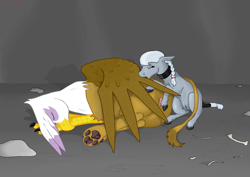Size: 1200x850 | Tagged: explicit, artist:autumnbramble, silver spoon, anatomically correct, bone, cave, collar, crotchboobs, earth pony, female, foalcon, g4, gilda, griffon, imported from derpibooru, interspecies, nipples, nudity, paw pads, paws, pony, pony on griffon action, preening, servant spoon, slave, sleeping, tail wrap, teats, underpaw, vulva