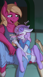 Size: 1219x2164 | Tagged: explicit, artist:fearingfun, sweetie belle, anthro, big mcintosh, clitoris, clothes, duo, duo male and female, earth pony, edit, female, fingering, hooves, imported from twibooru, lolicon, male, panties, sex, shipping, socks, stealth sex, straight, sweetiemac, thigh highs, underage, underwear, unguligrade anthro, unicorn