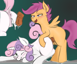 Size: 1125x939 | Tagged: explicit, artist:lord waite, artist:smokedpone, scootaloo, sweetie belle, butt, colored, creampie, cum, female, filly, foal, foalcon, futa, futa filly on filly, futa on female, futa scootaloo, g4, imported from derpibooru, intersex, nudity, penetration, penis, plot, pony, reasonably sized genitals, sex, ship:scootabelle, vaginal, vaginal creampie