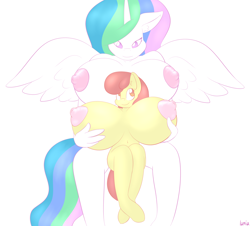 Size: 1979x1791 | Tagged: questionable, artist:lamia, apple bloom, princess celestia, age difference, anthro, big breasts, big nipples, breast grab, breasts, busty apple bloom, busty princess celestia, earth pony, female, foalcon, g4, grope, huge breasts, imported from derpibooru, impossibly large breasts, lamia did it again, lesbian, nipples, nudity, oppai loli, size difference, unguligrade anthro
