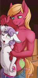 Size: 1247x2550 | Tagged: explicit, artist:fearingfun, sweetie belle, against wall, age difference, ambiguous penetration, anthro, belly button, big mcintosh, blushing, breasts, clothed sex, clothes, cropped, delicious flat chest, earth pony, edit, female, horn, imported from twibooru, lolicon, male, nipples, nudity, onomatopoeia, panties, panties around legs, panties pulled down, pants, pants down, sex, shipping, size difference, straight, sweetiemac, underage, underwear, unguligrade anthro, unicorn