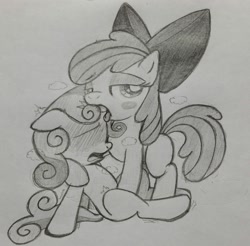 Size: 2255x2217 | Tagged: explicit, apple bloom, sweetie belle, artist needed, blushing, earth pony, female, filly, foal, foalcon, g4, high res, hoofing, horn, hornjob, imported from derpibooru, lesbian, monochrome, pony, sex, ship:sweetiebloom, source needed, tongue out, traditional art, unicorn