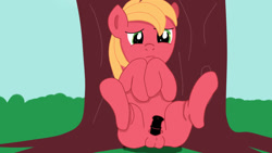 Size: 1280x720 | Tagged: explicit, artist:jbond, alternate version, balls, big macintosh, colt, earth pony, foal, foalcon, g4, imported from derpibooru, male, nudity, penis, pony, reasonably sized genitals, sitting, solo, solo male, spread legs, spreading, tree, vector