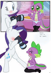 Size: 1741x2500 | Tagged: explicit, artist:pyruvate, rarity, spike, comic:dragon queen, age difference, bad touch, camera, clothes, comic, crossdressing, dialogue, dragon, duo, duo male and female, female, femboy, femboy spike, femdom, foalcon, g4, hind hoofjob, hoofjob, horn, imported from derpibooru, legwear, male, malesub, molestation, nudity, panties, penis, pony, raridom, ship:sparity, shipping, sissy, small penis, source needed, spikesub, stockings, straight, stupid sexy spike, submissive, thigh highs, underwear, unicorn, wingless spike