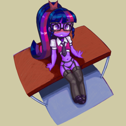 Size: 2880x2880 | Tagged: suggestive, artist:shadowhawx, twilight sparkle, beige background, black underwear, blushing, clothes, desk, equestria girls, female, flats, g4, glasses, gritted teeth, human, imported from twibooru, legwear, lolicon, necktie, sci-twi, shirt, shoes, simple background, socks, solo, solo female, stockings, teeth, thigh highs, underage, underwear, vest