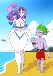 Size: 2318x3302 | Tagged: suggestive, artist:aeolus06, rarity, spike, absolute cleavage, age difference, barefoot, beach, bedroom eyes, belly, belly button, big breasts, bikini, blushing, breast blush, breasts, busty rarity, cleavage, clothes, cloud, curvy, day, duo, duo male and female, elf ears, eyebrows, eyeshadow, feet, female, floating heart, g4, heart, height difference, high res, holding hands, huge breasts, human, human spike, humanized, i can't believe it's not bigdad, imported from twibooru, lidded eyes, looking at each other, looking at someone, makeup, male, manlet, muscles, muscular male, ocean, older, older spike, outdoors, panties, pecs, pony coloring, sand, shipping, short, shotacon, skindentation, sky, smiling, smiling at each other, smiling at you, sparity, straight, straight shota, sunglasses, sunglasses on head, swimming trunks, swimsuit, thighs, thong, thunder thighs, underage, underwear, unicorns as elves, water, wide hips, wristband