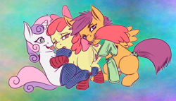 Size: 764x437 | Tagged: explicit, artist:infinityplus1, artist:lord waite, apple bloom, scootaloo, sweetie belle, abstract background, anus, clothes, cmc threesome, color edit, colored, cum, cutie mark crusaders, earth pony, edit, female, females only, filly, fishnet stockings, foal, foalcon, g4, imported from derpibooru, legwear, lesbian, mouth hold, nudity, one eye closed, panties, pegasus, pony, presenting, ship:sweetiebloomaloo, shipping, socks, spread pussy, spread wings, striped socks, tail bite, tongue out, underwear, unicorn, vagina, vulva, wingboner, wings