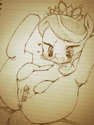 Size: 768x1024 | Tagged: explicit, artist:moka, diamond tiara, anus, bandage, blushing, butt, earth pony, female, foalcon, g4, grayscale, imported from derpibooru, lined paper, maebari, monochrome, nudity, pasties, plot, pony, solo, solo female, traditional art
