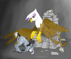 Size: 1200x1000 | Tagged: explicit, artist:autumnbramble, silver spoon, anatomically correct, anus, bone, cave, collar, crotchboobs, dark genitals, dead, dock, dominant, earth pony, female, femdom, femsub, foalcon, g4, gilda, griffon, griffondom, imported from derpibooru, multiple nipples, nipples, nudity, pet, ponut, pony, servant spoon, skull, slave, submissive, tail wrap, teats, throne, unshorn fetlocks, vulva