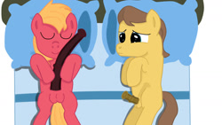 Size: 1280x720 | Tagged: explicit, artist:jbond, alternate version, bed, big dickentosh, big macintosh, big penis, caramel, colt, colt big macintosh, colt caramel, duo, earth pony, foal, foalcon, g4, gay, imported from derpibooru, impossibly large penis, lying down, male, needs more jpeg, nudity, on bed, penis, penis envy, pony, sleeping, stallion, vector, younger