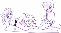 Size: 3788x2036 | Tagged: explicit, artist:aogami, button mash, sweetie belle, anthro, comic, earth pony, female, hiding erection, imported from twibooru, lolicon, male, nipples, nudity, shipping, shotacon, straight, sunglasses, sweetiemash, underage, unguligrade anthro, unicorn, vulva