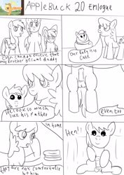 Size: 2480x3508 | Tagged: explicit, artist:jbond, apple bloom, applejack, oc, comic:applebuck, baby, baby pony, babycon, big macintosh, cheerilee, comic, diaper, earth pony, female, filly, foal, foalcon, g4, high res, imported from derpibooru, male, mare, monochrome, monologue, nudity, offspring, parent:big macintosh, parent:cheerilee, parents:cheerimac, part of a set, penis, pony, ship:cheerimac, shipping, sketch, speech bubble, stallion, straight, talking, text
