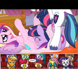 Size: 1280x1130 | Tagged: explicit, artist:facelessjr, apple bloom, applejack, babs seed, fluttershy, rarity, shining armor, twilight sparkle, :o, adultery, alicorn, anus, applejack is not amused, audience reaction, balls, bisexual, bisexual female, blushing, butt, colt, colt on filly, covering eyes, crossed hooves, crotchboobs, cunnilingus, dock, earth pony, edit, eyes closed, female, filly, filly on filly, foal, foalcon, friendship is magic #21, g4, gasp, group sex, horn, idw, imported from derpibooru, incest, infidelity, legs in air, lesbian, lidded eyes, looking at you, male, mare, meme, my little pony: friendship is magic (idw), nipples, nudity, open mouth, oral, orgasm, pegasus, plot, ponut, pony, pony on pony action, princess cadance, sex, shining armor gets all the mares, ship:shiningcadance, ship:shiningsparkle, ship:twiarmordance, ship:twidance, shipping, show accurate, show accurate porn, smiling, spread wings, straight, tail wrap, teats, teenager, threesome, twicest, underhoof, unicorn, unnamed character, unnamed pony, vaginal orgasm, vaginal secretions, vaginal secretions in mouth, vulva, wings