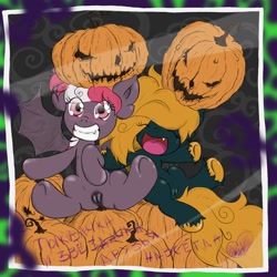 Size: 1280x1280 | Tagged: explicit, artist:dreadcoffins, oc, oc:asterisk the witch, anal insertion, bat pony, bat pony oc, blushing, female, filly, foal, foalcon, imported from derpibooru, insertion, nudity, oc only, pony, pumpkin, pumpkin insertion, russian, tumblr, unusual insertion, vulva, witch, younger