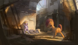 Size: 1200x693 | Tagged: explicit, semi-grimdark, artist:php91, scootaloo, bipedal, blushing, butt, clothes, dead source, derpy hooves, dinky hooves, female, filly, foal, foalcon, g4, homeless, imported from derpibooru, looking at you, mare, nudity, on side, orphan, panties, pegasus, plot, pony, prostitution, slums, underwear, unicorn, vulva