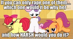 Size: 960x513 | Tagged: explicit, grimdark, artist:pyruvate, apple bloom, scootaloo, sweetie belle, belly button, bondage, bronybait, choice, cutie mark crusaders, drama, edgy, edit, female, foalcon, g4, image macro, imminent rape, imported from derpibooru, meme, question, rape, source needed