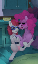 Size: 591x1000 | Tagged: questionable, artist:ptg, pinkie pie, clothes, drunk, female, foalcon, g4, imported from derpibooru, licking, panties, twist, underwear