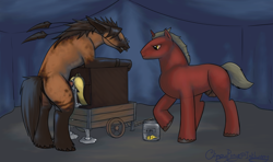 Size: 2500x1482 | Tagged: explicit, artist:clippypony, oc, oc:clippy, oc:risky lottery, alternate version, bondage, bondage furniture, cum dump, female, foal, foalcon, imported from derpibooru, male, maledom, nudity, oc only, penetration, penis, prostitution, public use, sex, size difference, stallion on filly, straight, vaginal, vulva