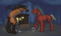 Size: 2500x1506 | Tagged: explicit, artist:clippypony, oc, oc:clippy, oc:risky lottery, alternate version, ambiguous species, blank flank, bondage, bondage furniture, cum, cum belly, cum dump, cum inflation, earth pony, female, foal, foalcon, imported from derpibooru, male, maledom, nudity, oc only, penetration, penis, pony, prostitution, public use, sex, size difference, stallion on filly, straight, unicorn, vaginal, vulva